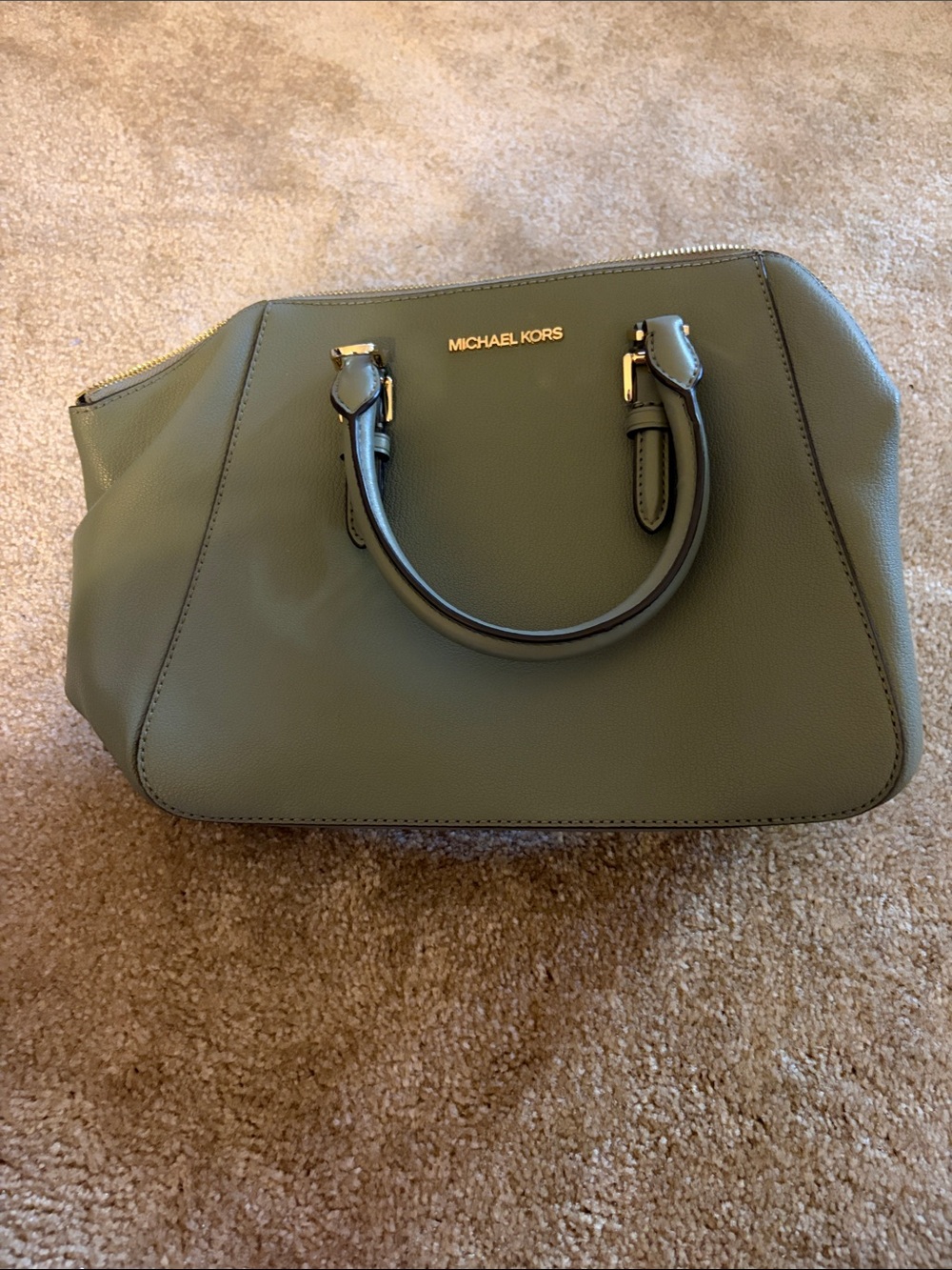 Michael Kors Olive Green Pebbled Leather Satchel with Gold Hardware